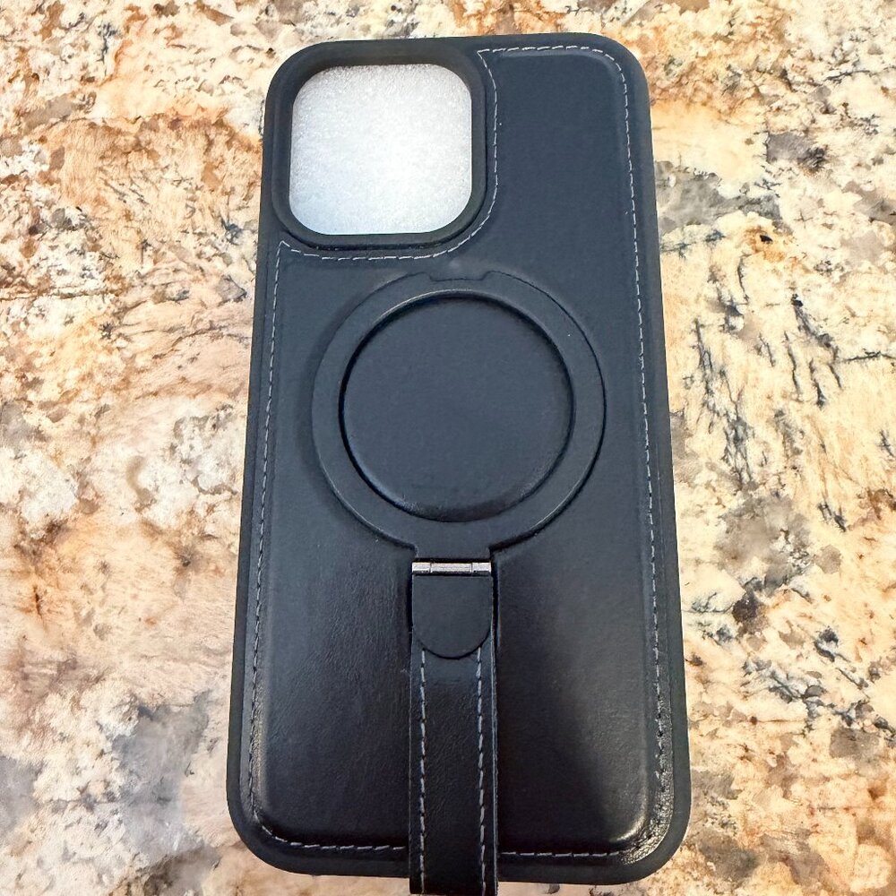 iPhone 14 Pro Max Black Leather-look MagSafe Case w/ Ring Stand